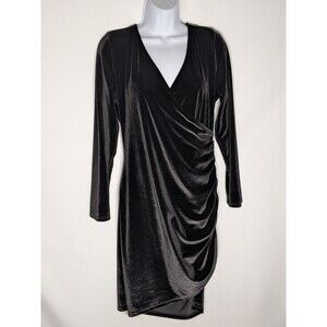 Black Velvet Faux Wrap Ruched Dress Sz L Grunge Whimsygoth Witchy Party Cocktail